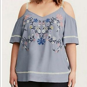 Boho Embroidered Lace Inset Cold Shoulder